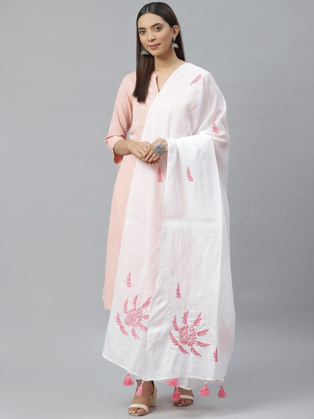 Ada Hand Embroidered White Kota Lucknowi Chikankari Dupatta A511115