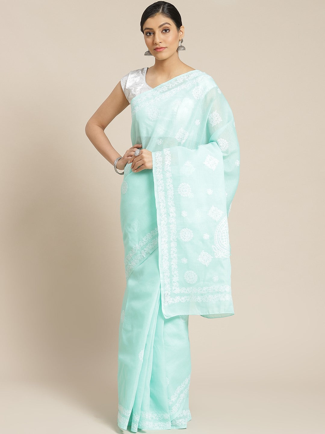 Ada Hand Embroidered Sea Green Cotton Lucknow Chikan Saree With Blouse- A311118