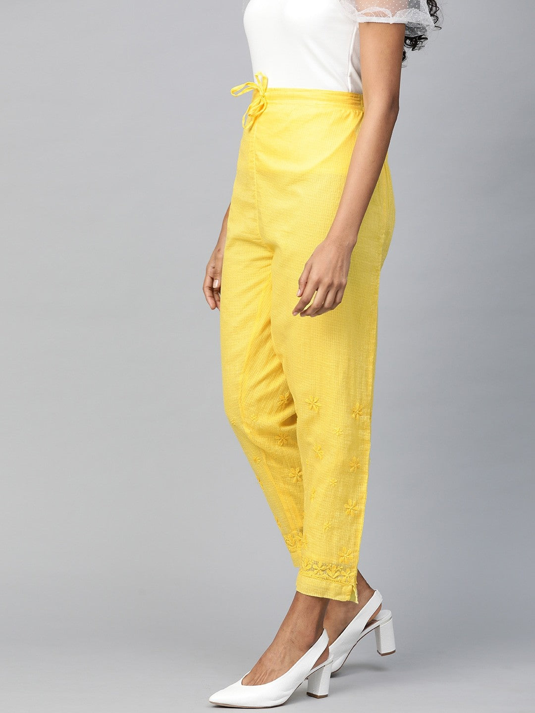 Ada Hand Embroidered Yellow Kota Lucknowi Chikankari Palazzo A711120