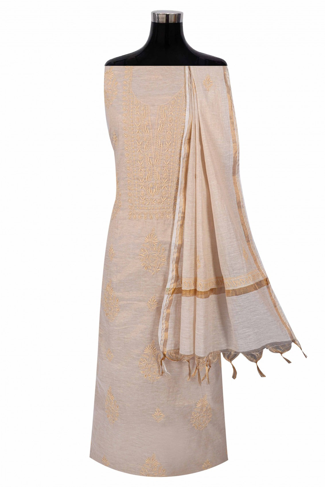 Ada Hand Embroidered Natural Fawn Tissue Lucknowi Chikankari Unstitched Kurta Dupatta Set 01A138184