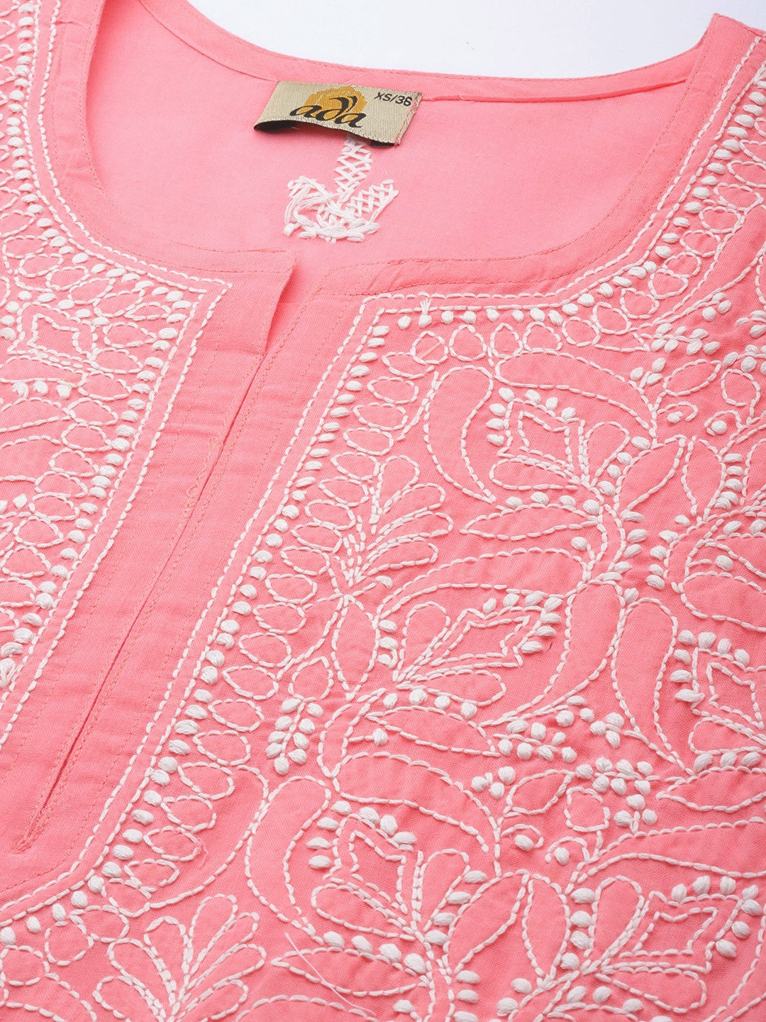 Ada Hand Embroidered Carrot Pink Cotton Lucknowi Chikankari Straight Kurti A911281