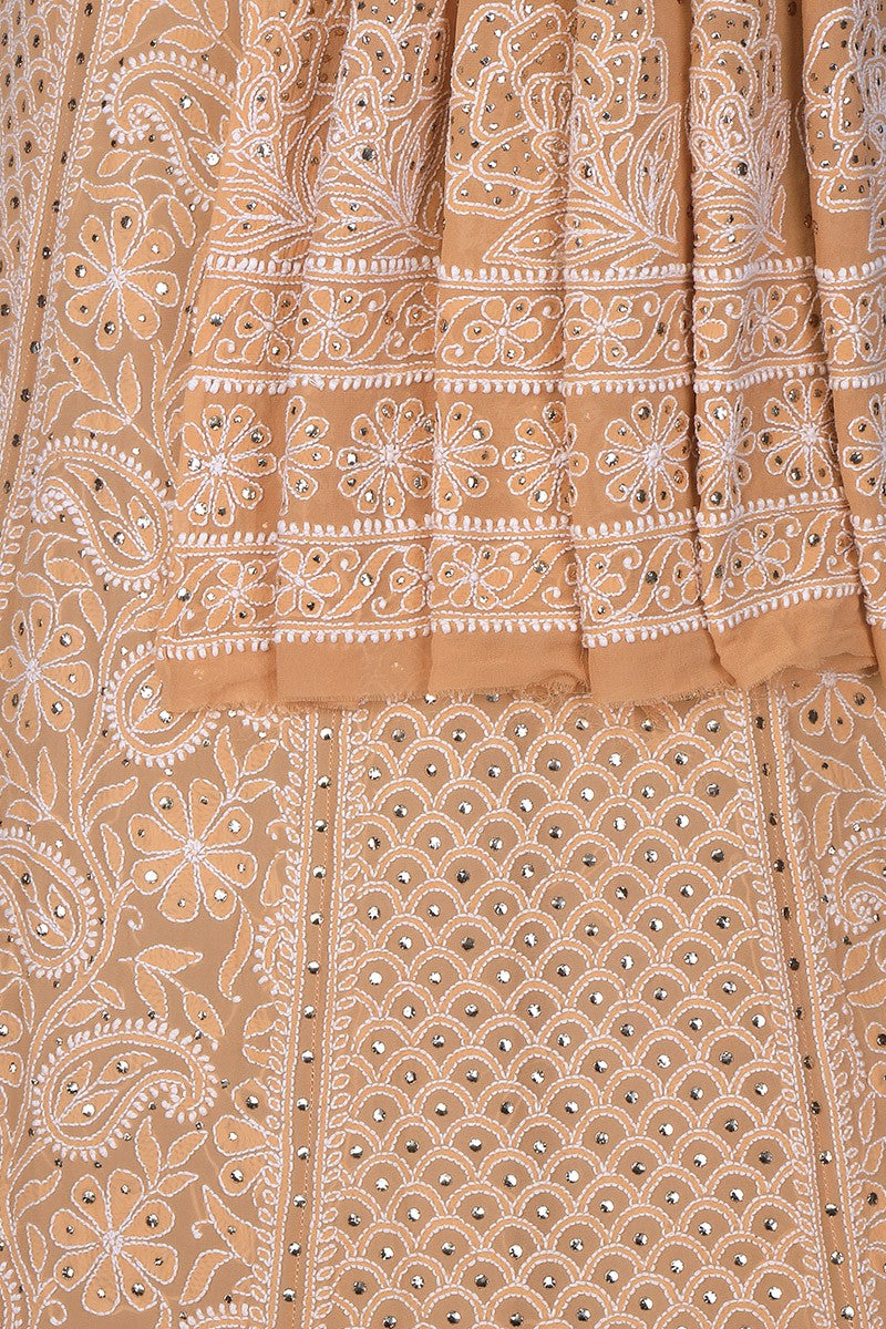 Ada Hand Embroidered Fawn Pure Georgette Lucknowi Chikankari Lehenga Set With Muqaish Work A578331
