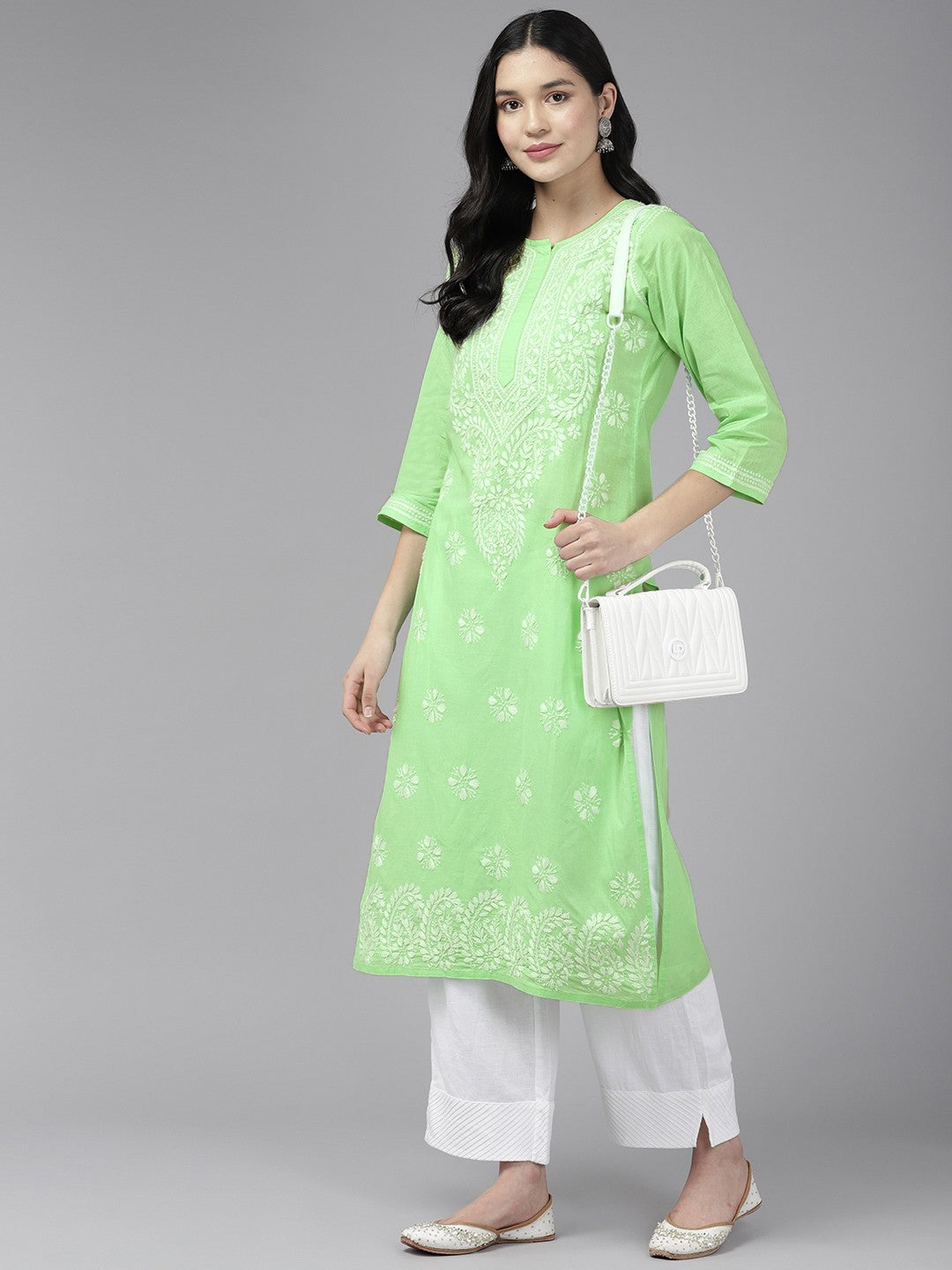 Ada Hand Embroidered Green Cotton Lucknowi Chikankari Straight Kurta A411423