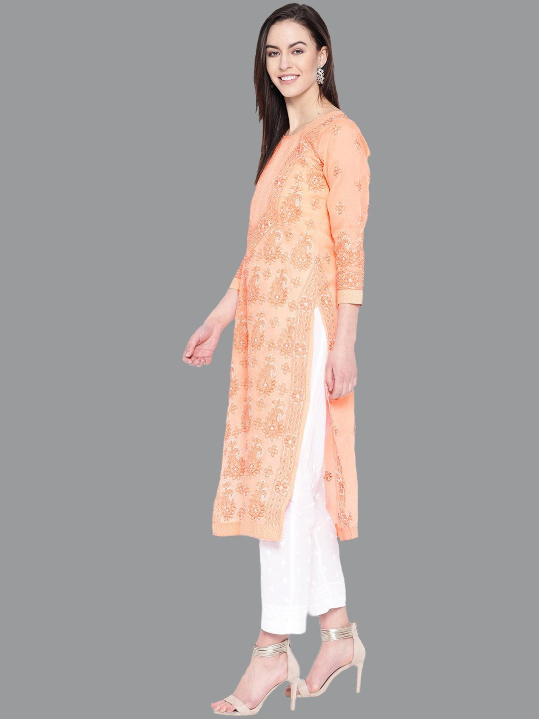 Ada Hand Embroidered Peach Cotton Lucknow Chikankari Kurta with Palazzo Set A100225