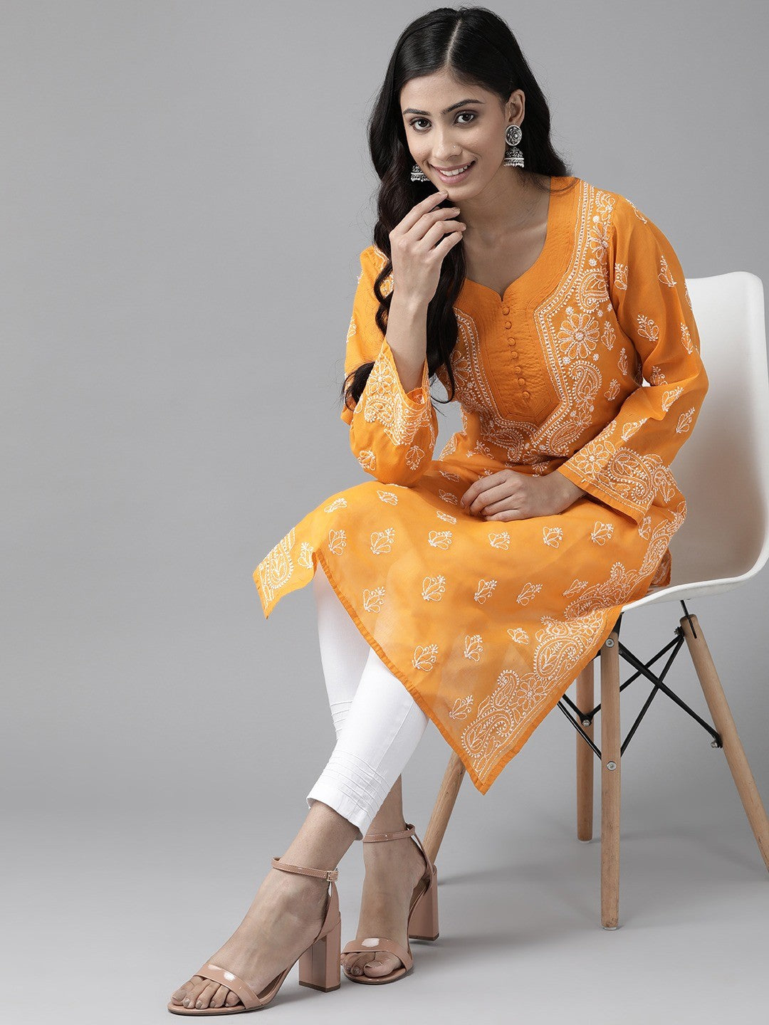 Ada Hand Embroidered Mustard/ White Cotton Lucknowi Chikankari Kurta Set-A811186