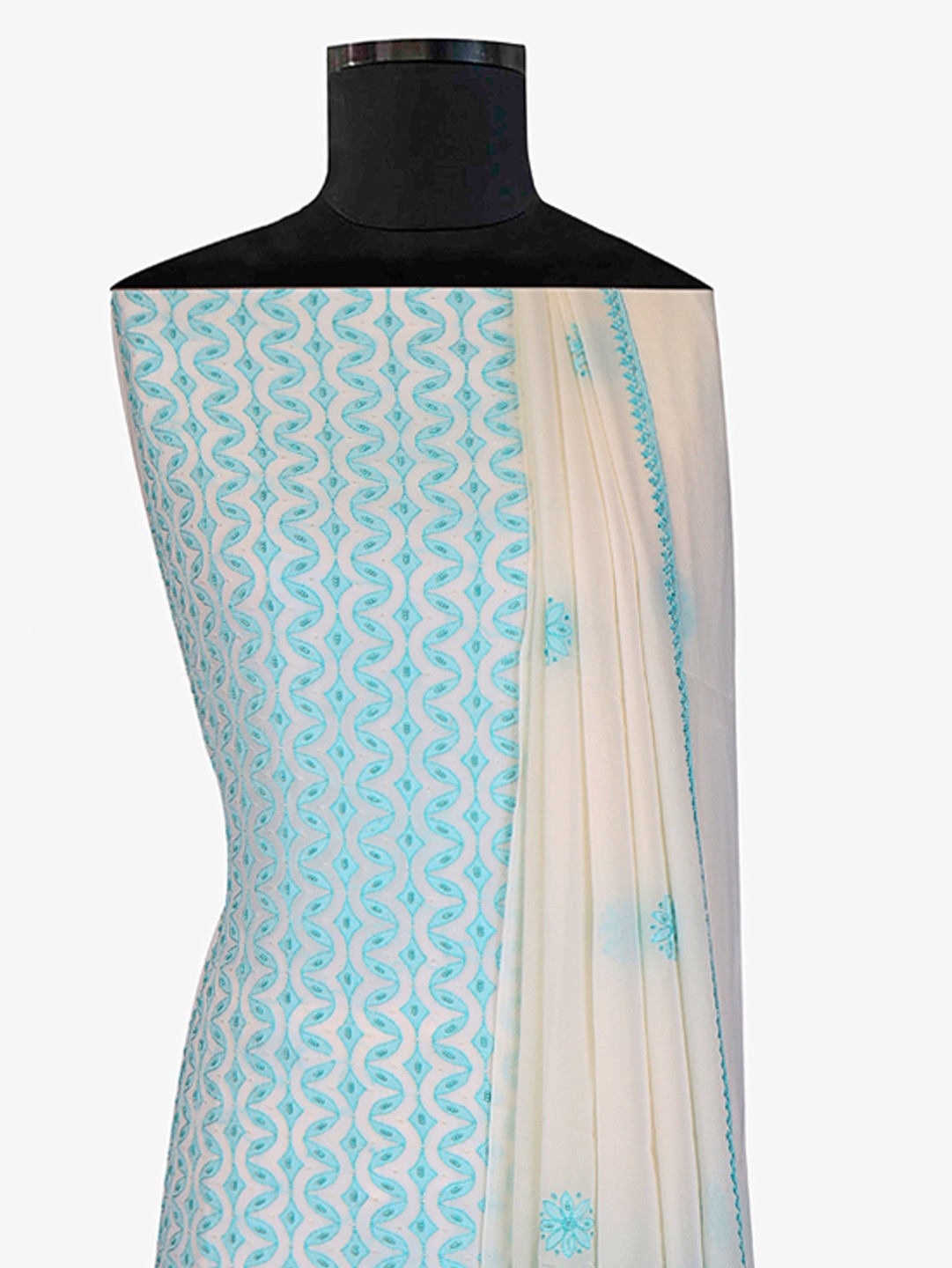 Ada Hand Embroidered White Pure Georgette Lucknowi Chikan Unstitched Kurta Dupatta With Pearl Work–A292101