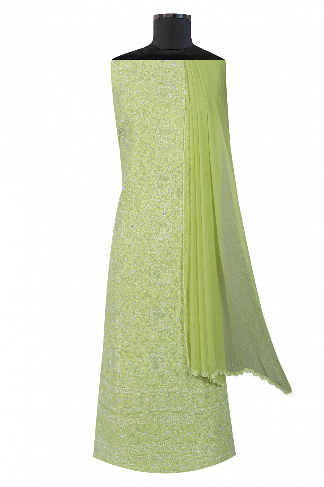 Ada Hand Embroidered Sheen Green Cotton Lucknowi Chikankari Unstitched Suit Piece With Cutdana 01A231891