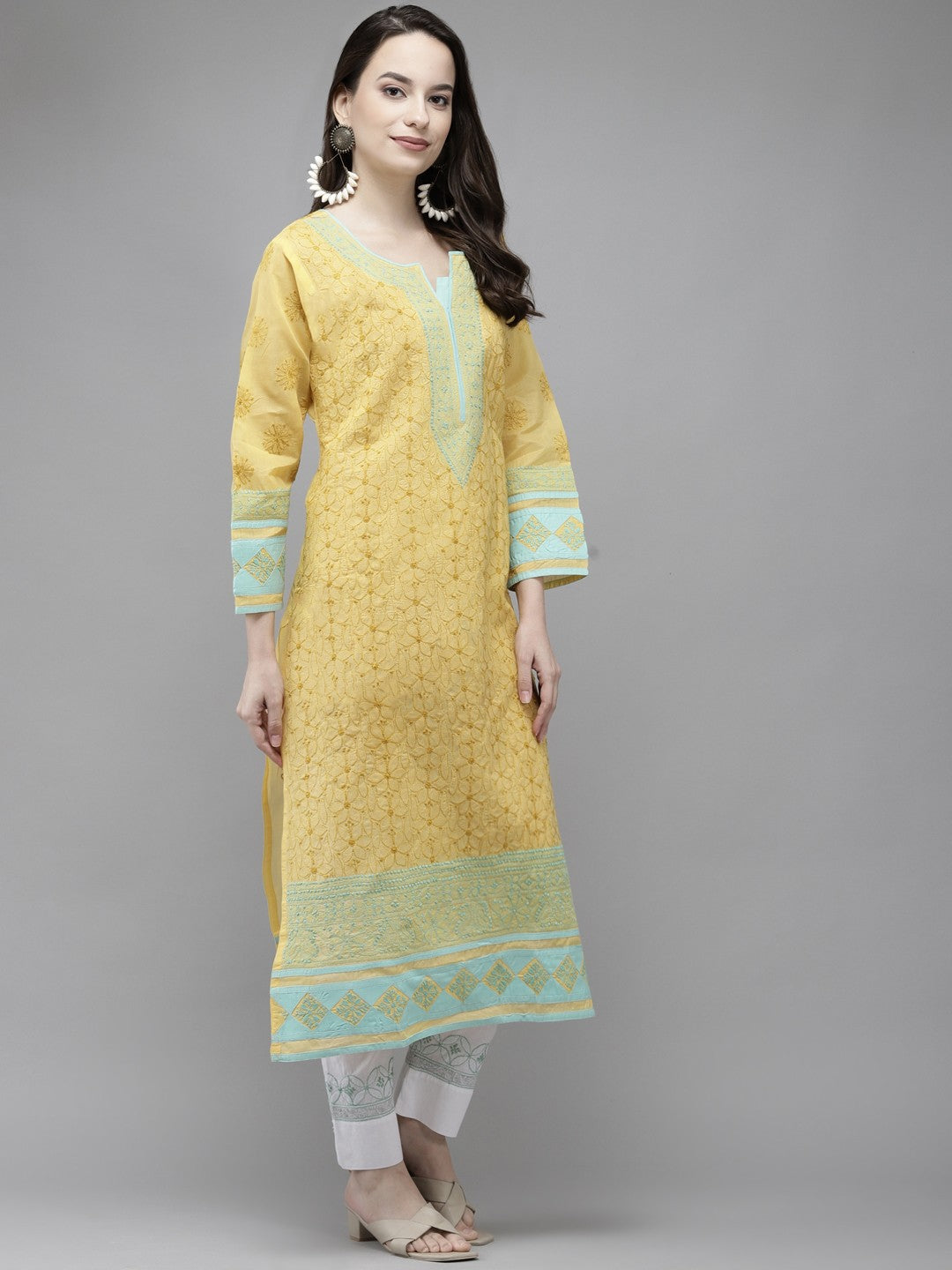 Ada Hand Embroidered Yellow Cotton Lucknow Chikan Kurta- A273547