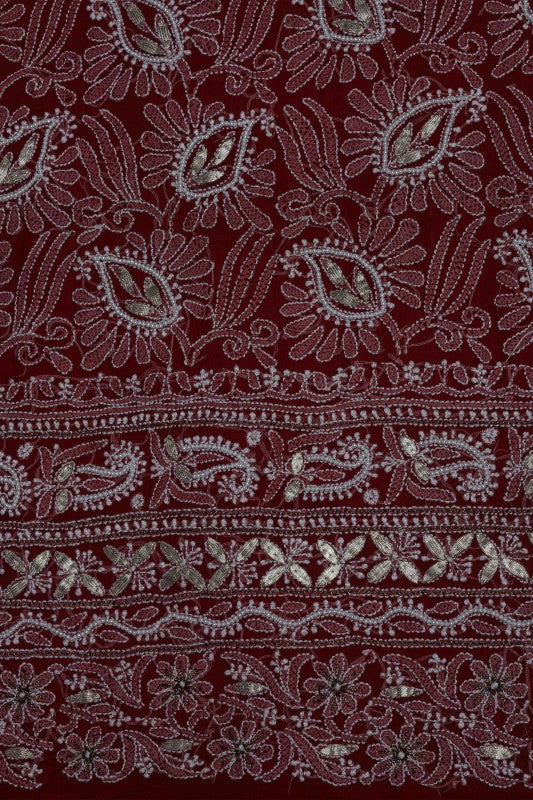 Ada Hand Embroidered Maroon Georgette Lucknowi Chikan Unstitched Kurta Piece with Gota patti Work A175139