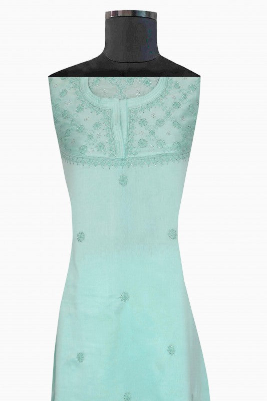 Ada Hand Embroidered Sea Green Chanderi Lucknowi Chikan Semi-Stitched Kurta Piece With Muqaish Work-A580194