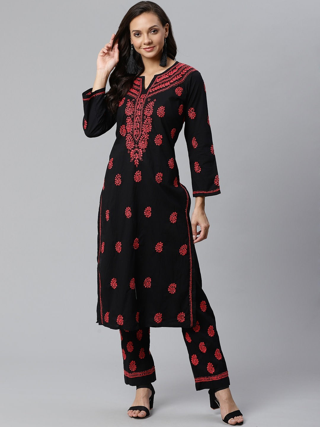 Ada Hand Embroidered Black Lucknowi Chikankari Straight Kurta With Palazzo Set A100405