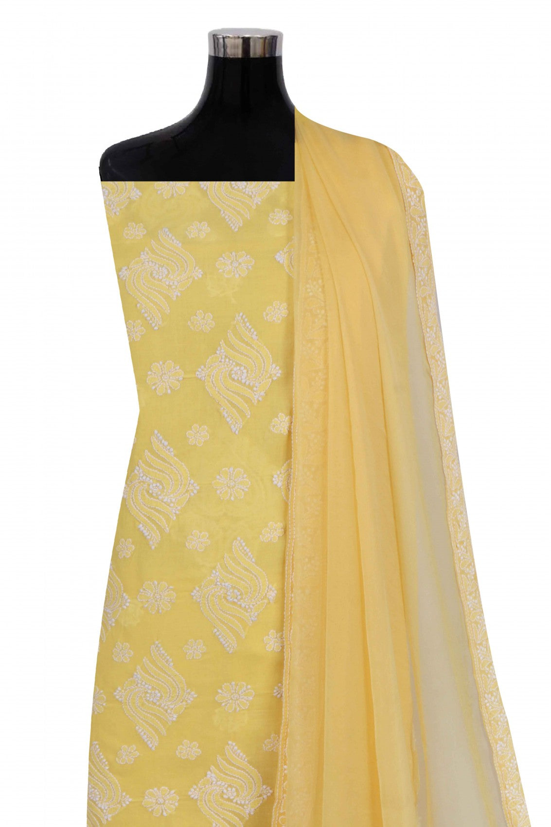 Ada Hand Embroidered Yellow Cotton Lucknowi Chikankari Unstitched Suit Piece 01A204090