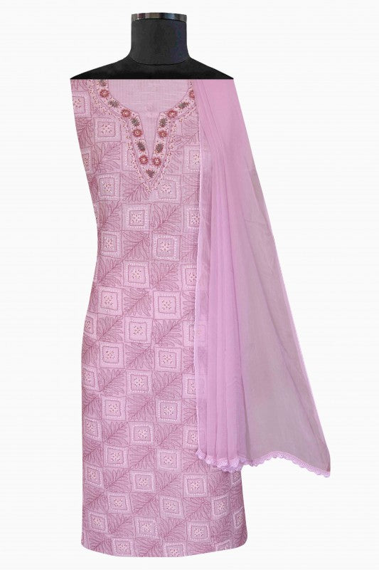 Ada Hand Embroidered Lavender Cotton Lucknowi Chikan Unstitched Suit Piece With Pearl & Sequinned Work -A461847