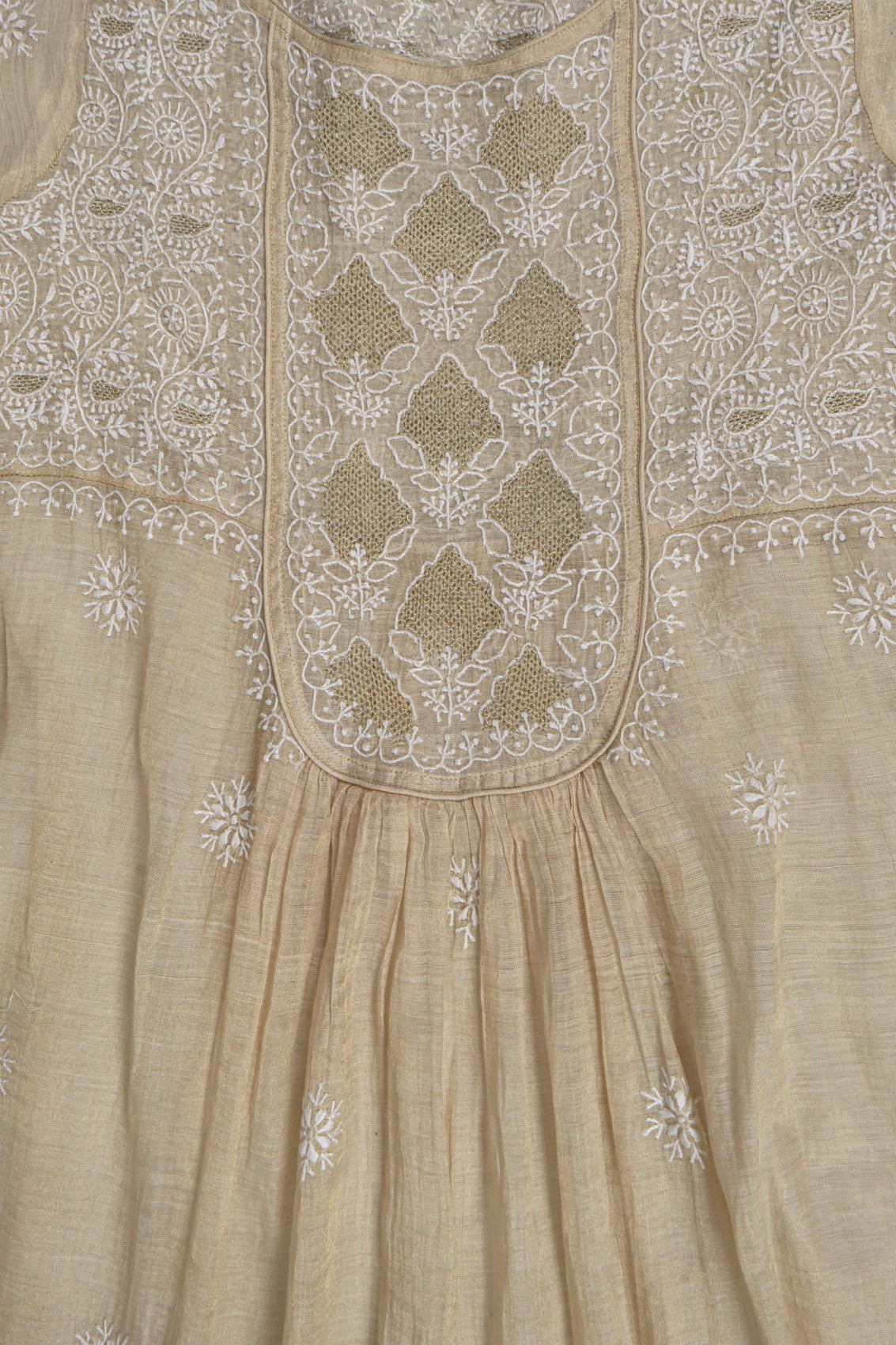 Ada Hand Embroidered Natural Fawn Tissue Lucknowi Chikankari Semi-Stitched Anarkali Kurta Dupatta Set 01A213937