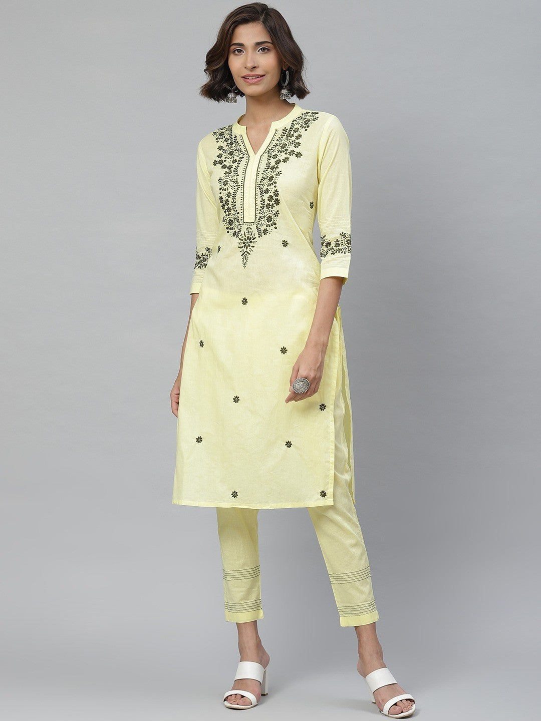 Ada Hand Embroidered Lemon Cotton Lucknowi Chikankari Straight Kurta With Trouser Set A100340