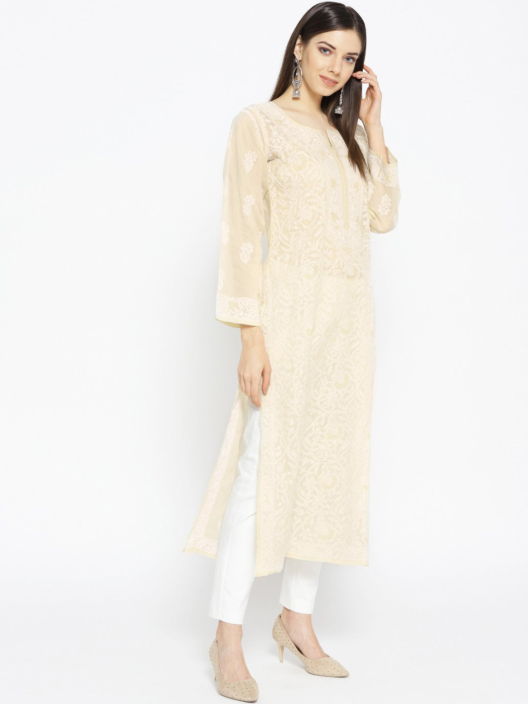 Ada Hand Embroidered Fawn Cotton Lucknowi Chikankari Straight Kurta A100123