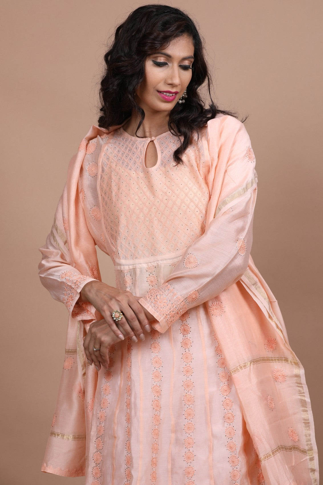 Ada Hand Embroidered Salmon Peach Chanderi Lucknowi Chikankari Semi-Stitched Anarkali Kurta Dupatta Set With Muqaish Work A588008