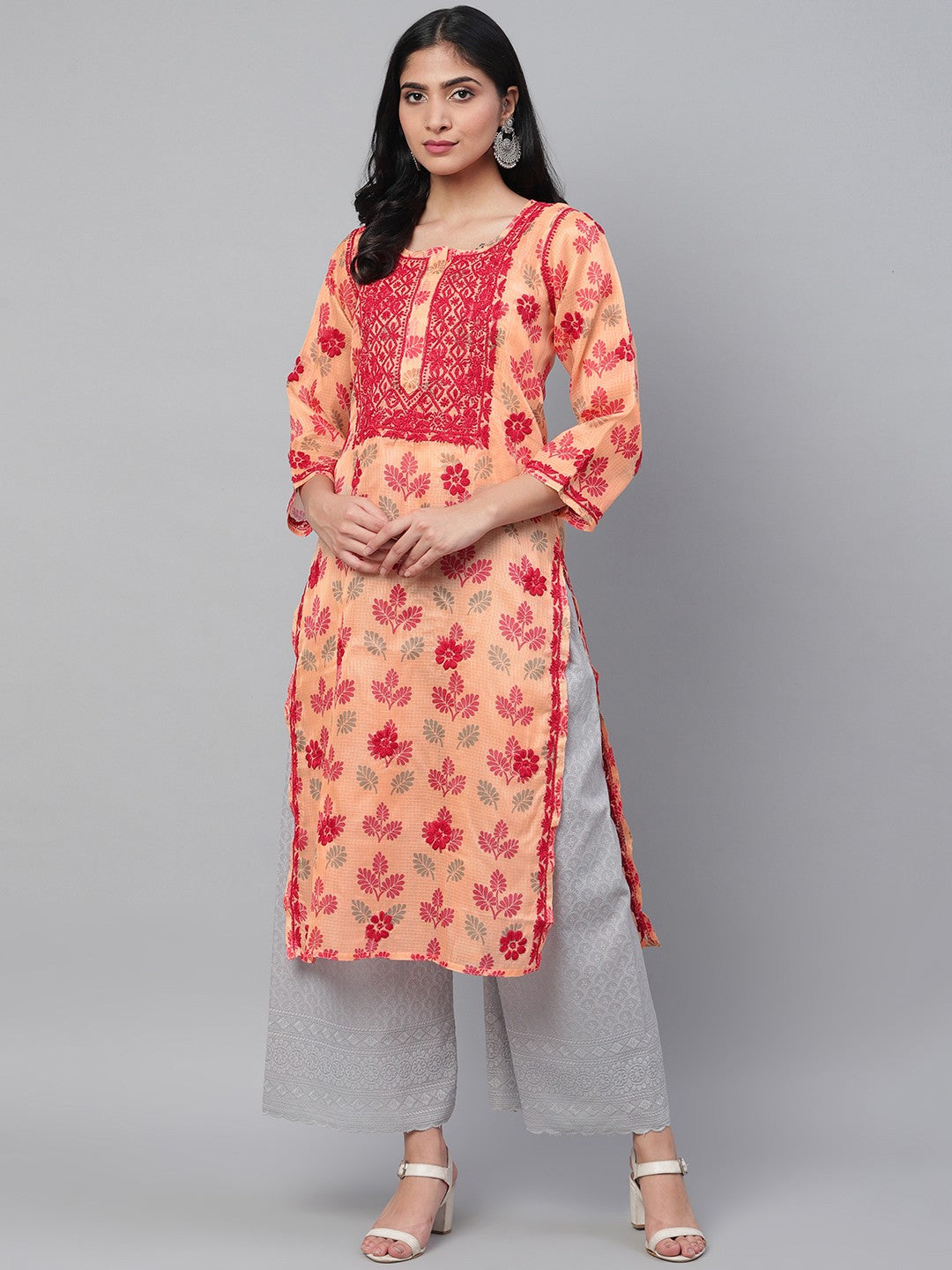 Ada Hand Embroidered Peach Kota Lucknowi Chikankari Straight Kurta A100582