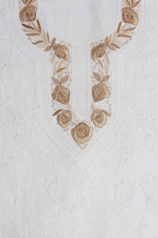 Ada Hand Embroidered White Georgette Lucknowi Chikan Unstitched Kurta Piece With Pearl Work A474897