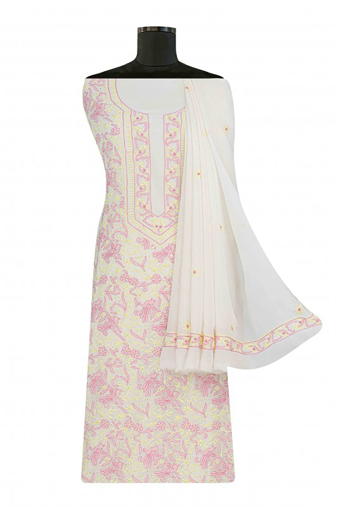 Ada Hand Embroidered White Pure Georgette Chikankari Unstitched Kurta Dupatta Set A223169