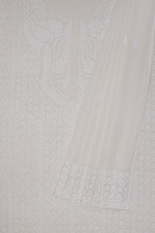 Ada Hand Embroidered White Pure Georgette Lucknowi Chikan Unstitched Kurta Dupatta Set A449761