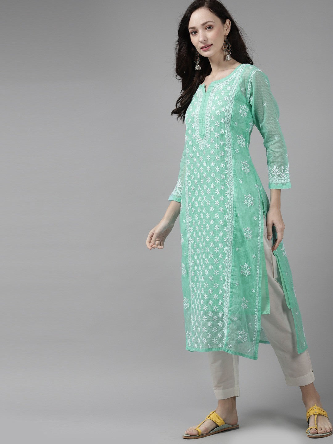 Ada Hand Embroidered Sea Green Kota Lucknow Chikankari Kurta With Slip- A411310