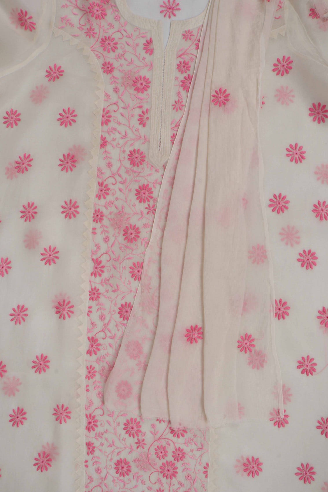 Ada Hand Embroidered Cream Organza Lucknowi Chikankari Unstitched Kurta Dupatta Set 01A264423