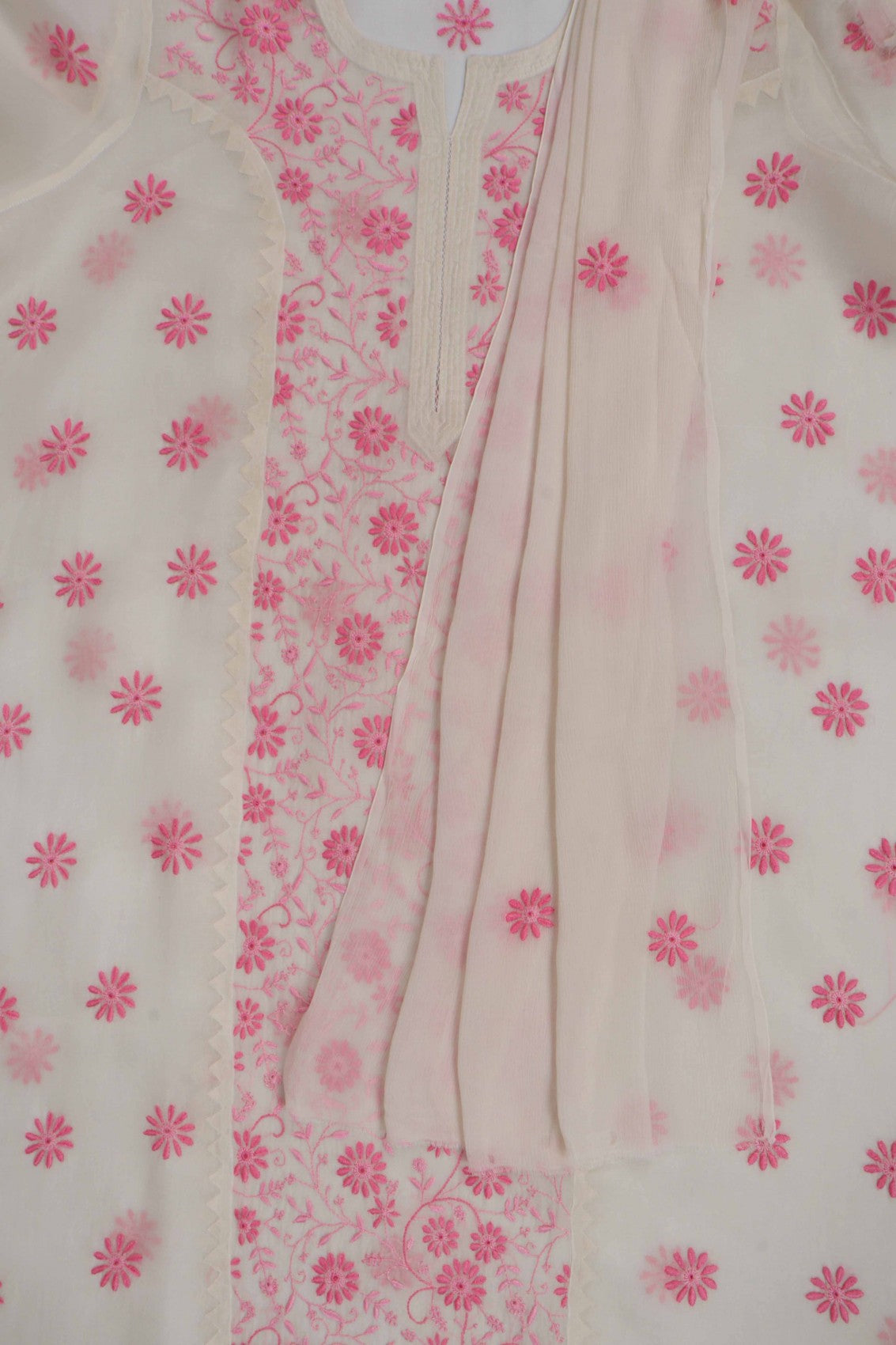 Ada Hand Embroidered Cream Organza Lucknowi Chikankari Unstitched Kurta Dupatta Set 01A264423