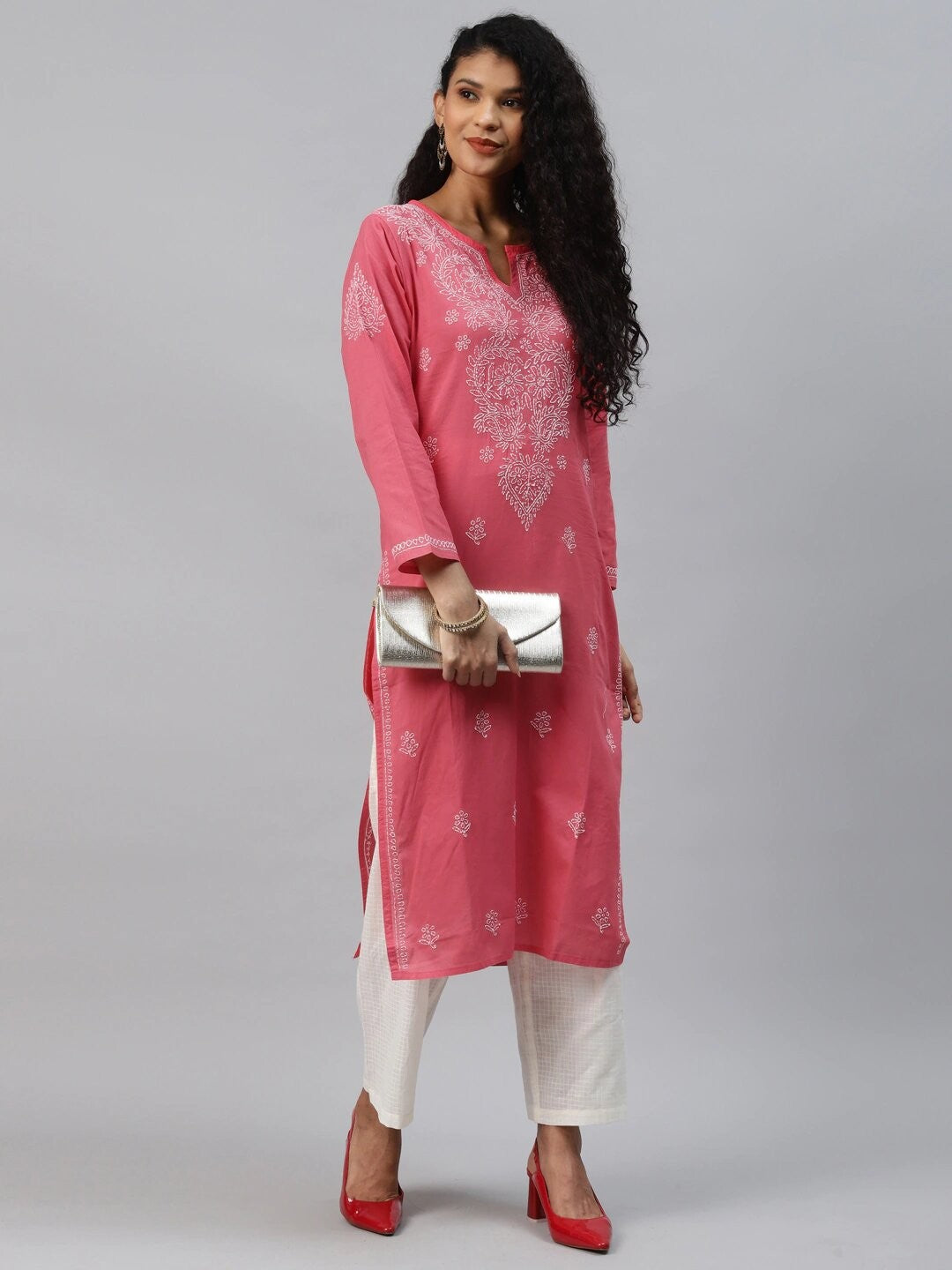 Ada Hand Embroidered Carrot Pink Cotton Lucknow Chikankari Kurta A207902