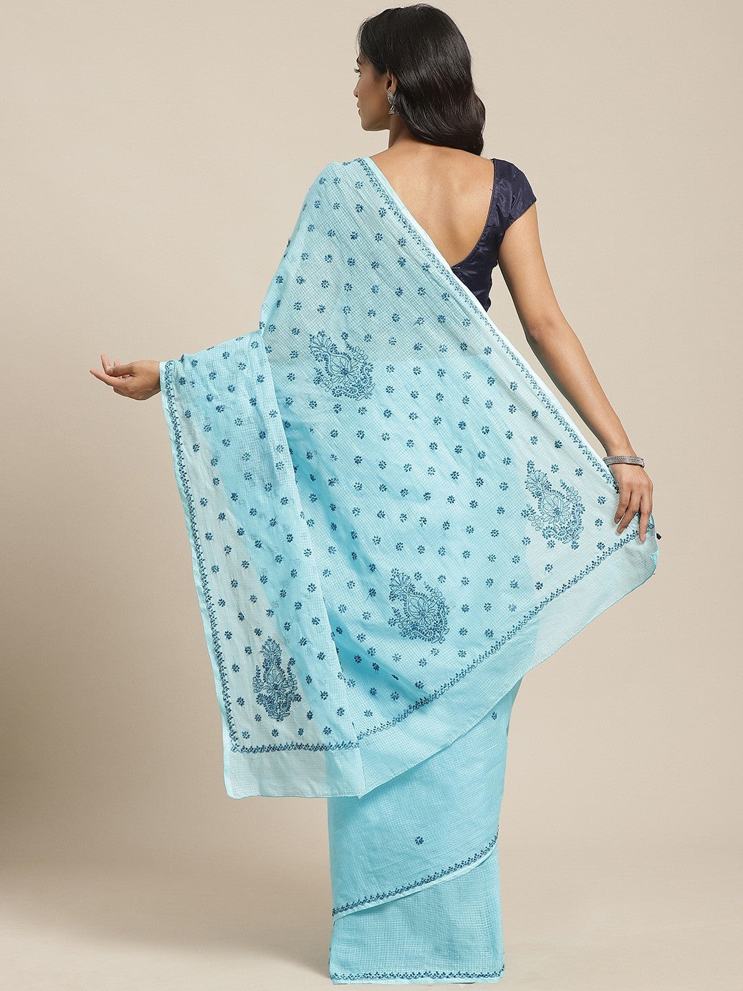 Ada Hand Embroidered Blue Kota Lucknow Chikan Saree With Blouse- A311110