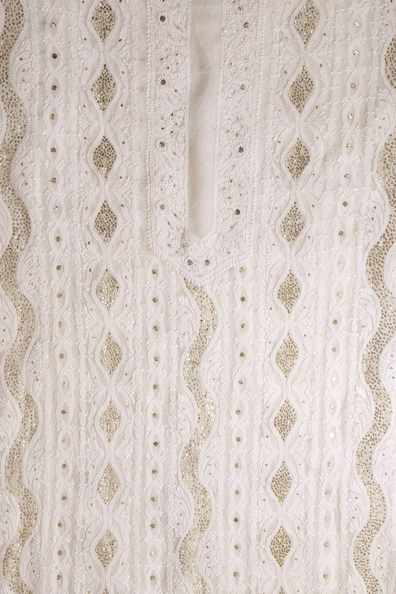 Ada Hand Embroidered White Pure Georgette Lucknowi Chikan Unstitched Men's Kurta Piece With Muqaish Work-A604624