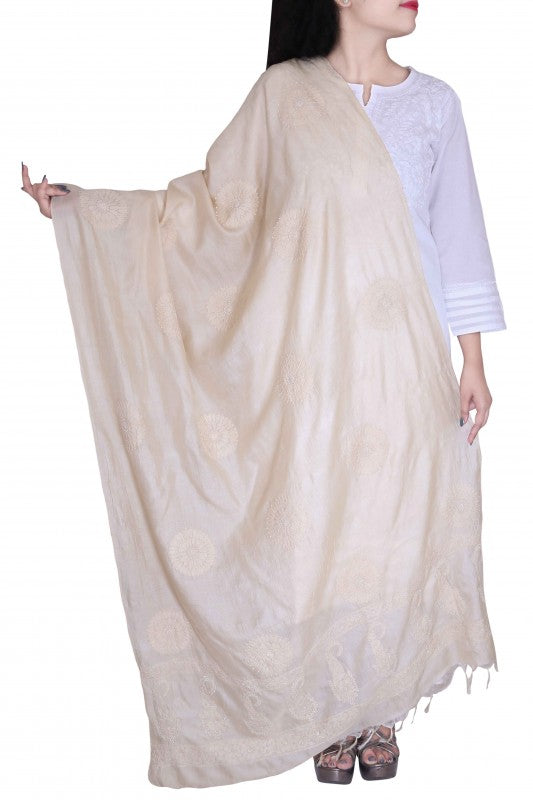 Ada Hand Embroidered Fawn Tusser Silk Lucknowi Chikankari Dupatta-A536366