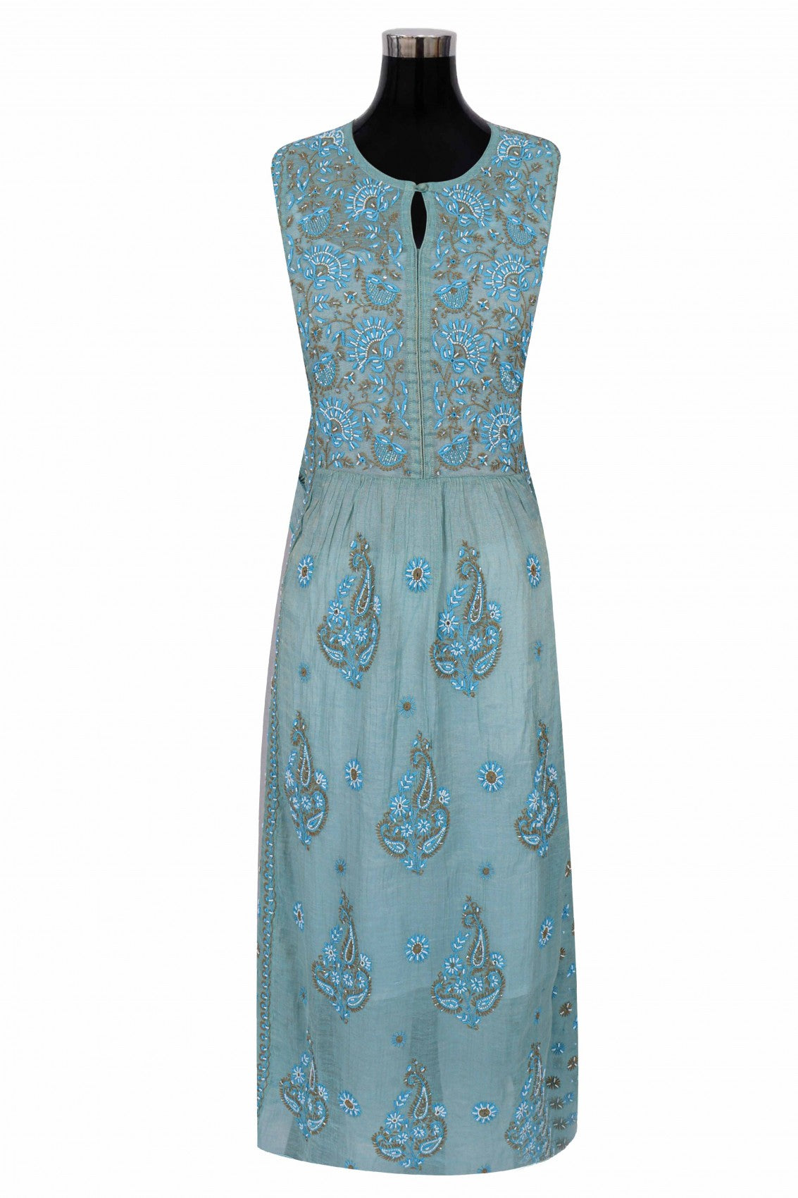 Ada Hand Embroidered Iceberg Blue Chanderi Lucknowi Chikankari Semi-Stitched Anarkali Kurta Dupatta Set With Pearl Work 01A197020