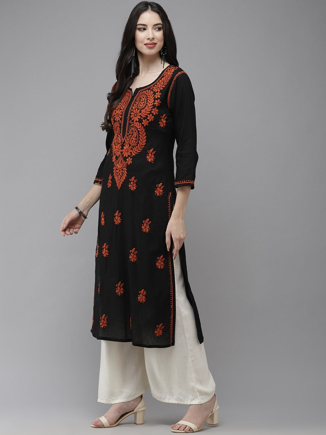 Ada Hand Embroidered Black Cotton Lucknowi Chikankari Straight Kurta A411277