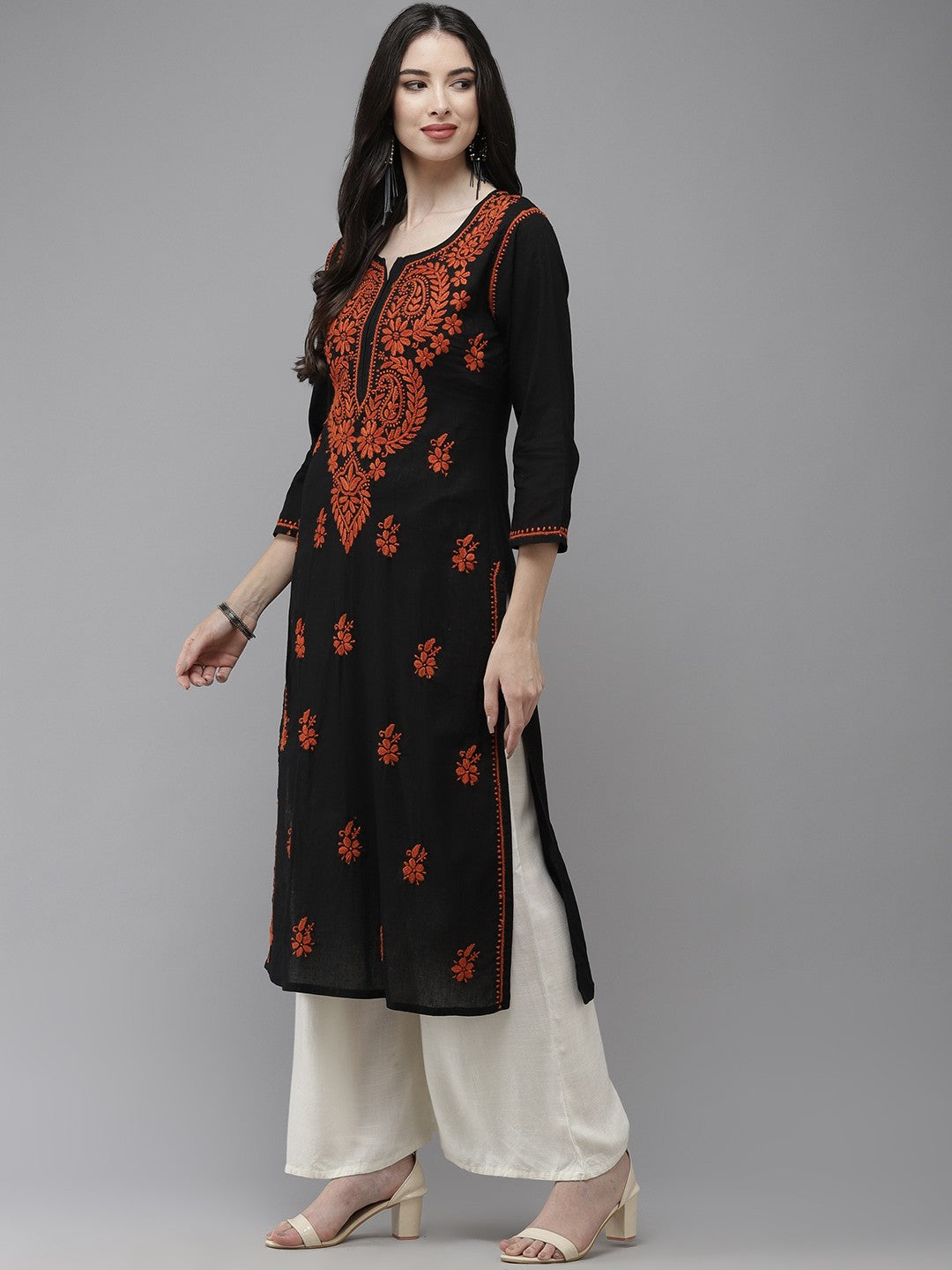 Ada Hand Embroidered Black Cotton Lucknowi Chikankari Straight Kurta A411277