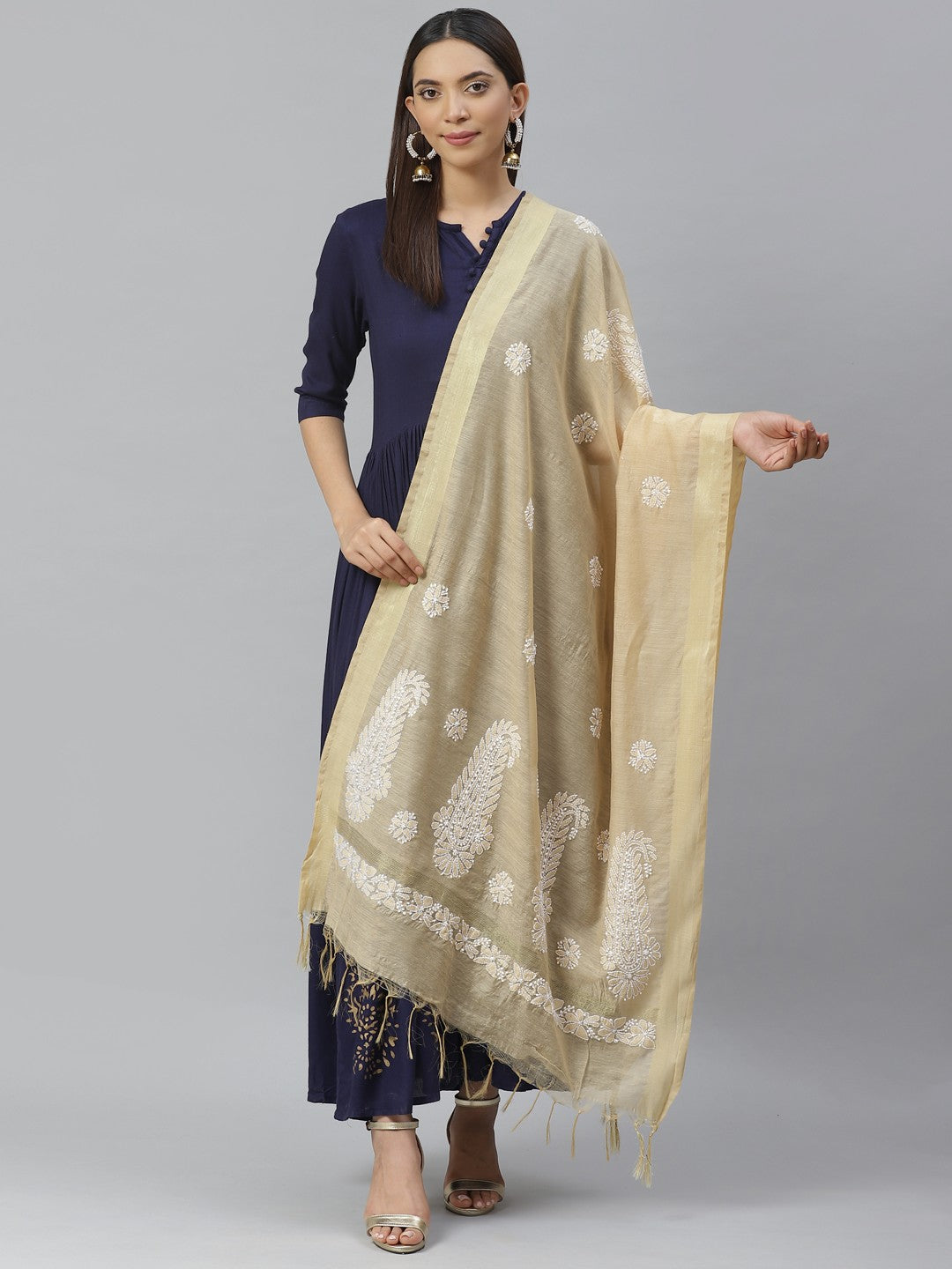 Ada Hand Embroidered Fawn Chanderi Lucknowi Chikankari Dupatta A511133
