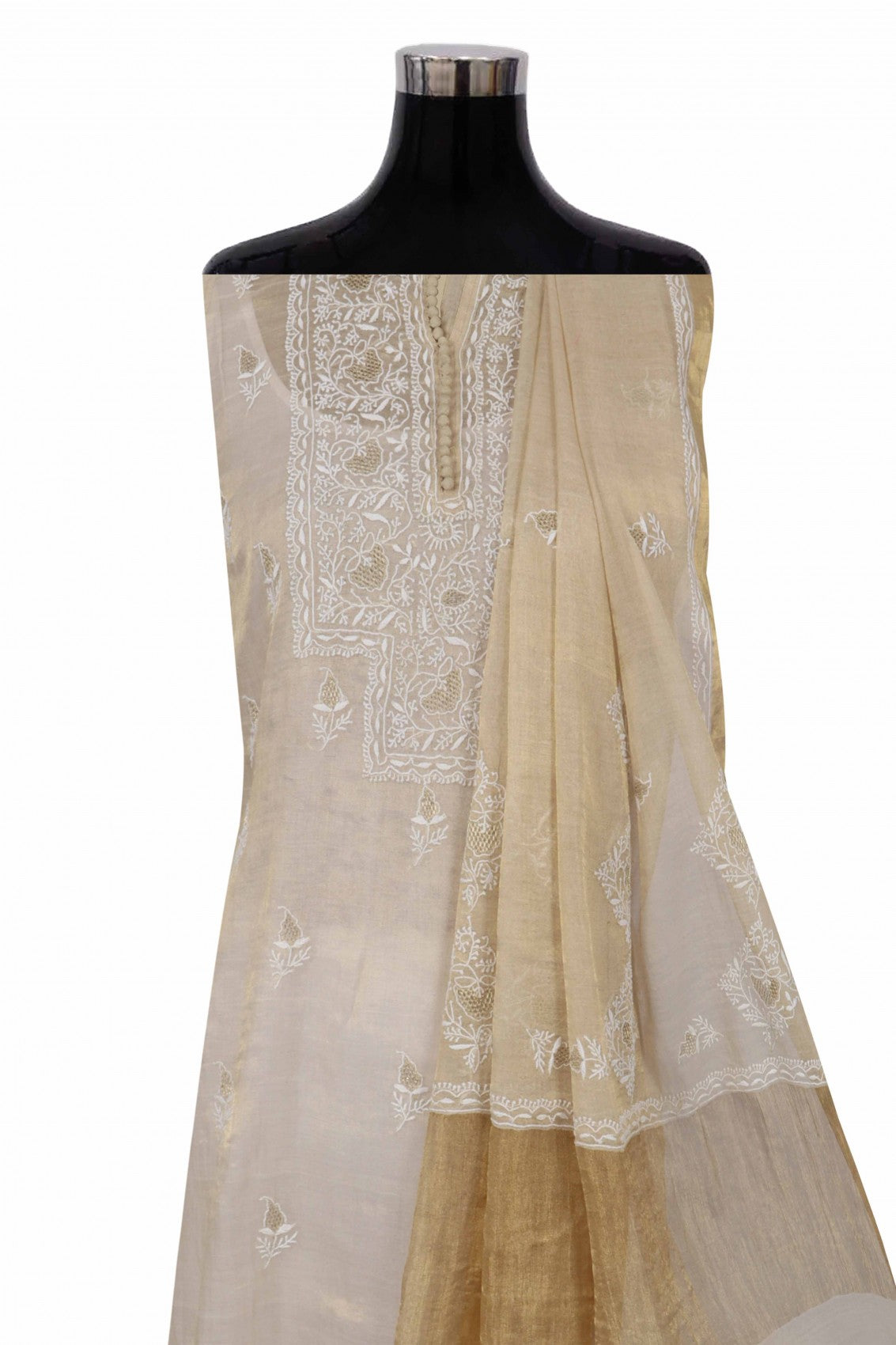 Ada Hand Embroidered Natural Fawn Tissue Lucknowi Chikankari Semi stitched Anarkali Kurta Dupatta Set With Zari Work 01A224436