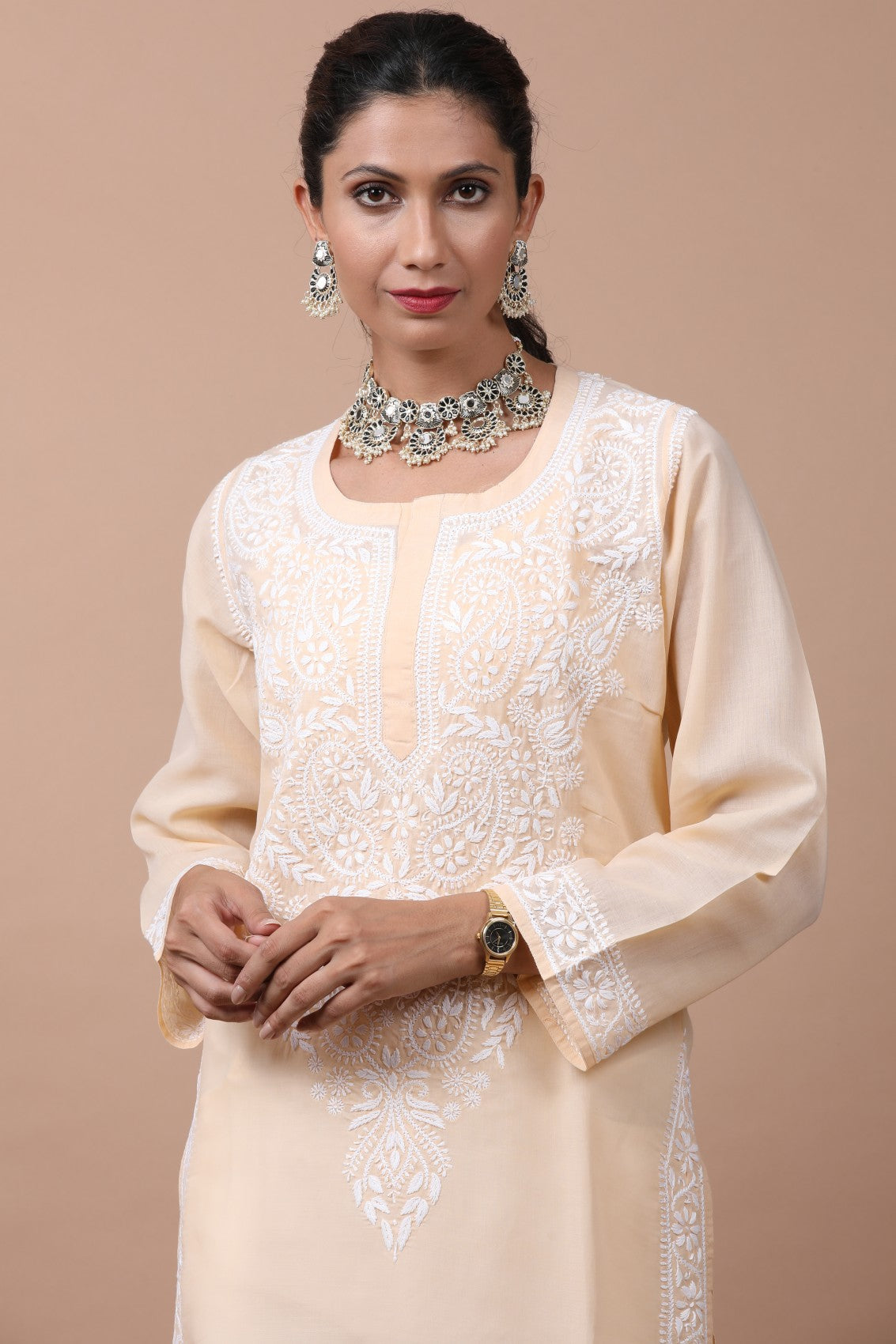 Ada Hand Embroidered Fawn Cotton Lucknowi Chikankari Straight Kurta A582030