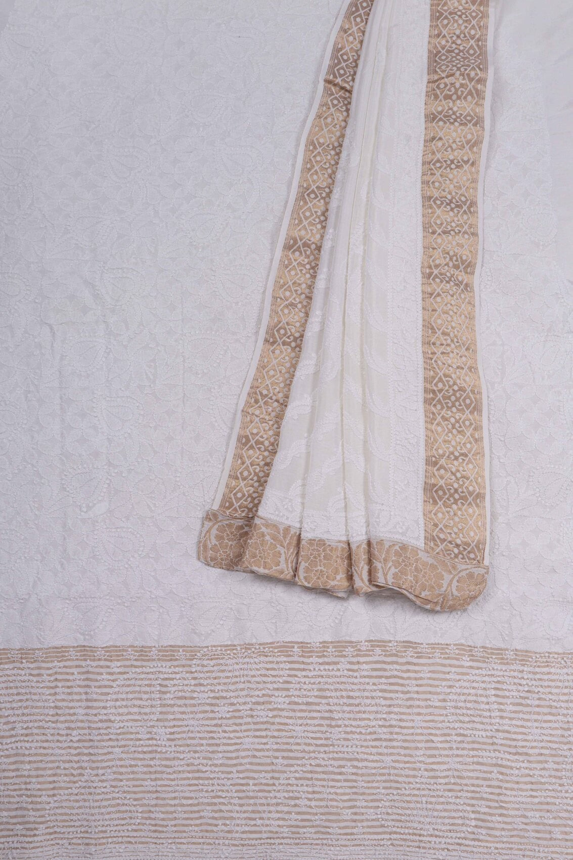 Ada Hand Embroidered White Silk Lucknowi Chikankari Unstitched Kurta Dupatta Set 01A58767