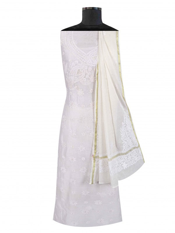 Ada Hand Embroidered White Chanderi Lucknowi Chikan Unstitched Kurta Dupatta Set A594194