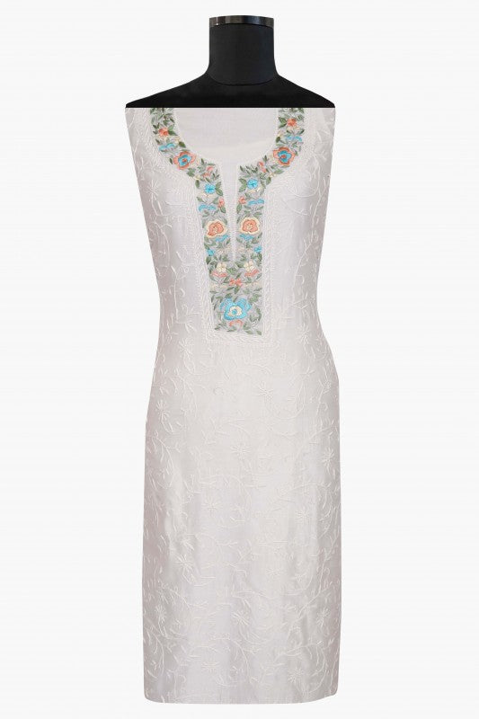 Ada Hand Embroidered Off White Chanderi Lucknowi Chikan Unstitched Kurta Dupatta–A610362