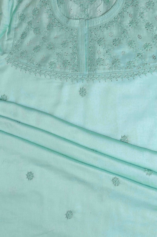 Ada Hand Embroidered Sea Green Chanderi Lucknowi Chikan Semi-Stitched Kurta Piece With Muqaish Work-A580194