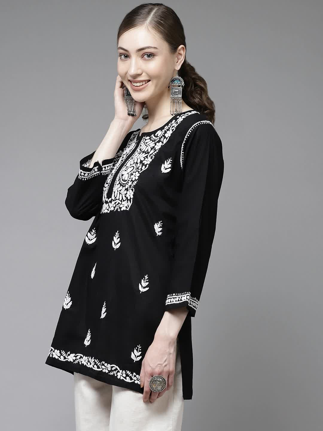 Ada Hand Embroidered Black Cotton Lucknow Chikan Short Kurti A911131