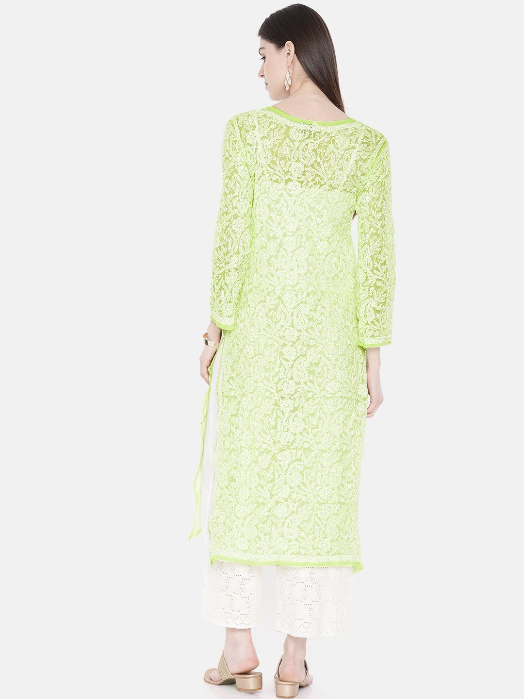Ada Hand Embroidered Green Georgette Lucknowi Chikankari Straight Kurta A105281