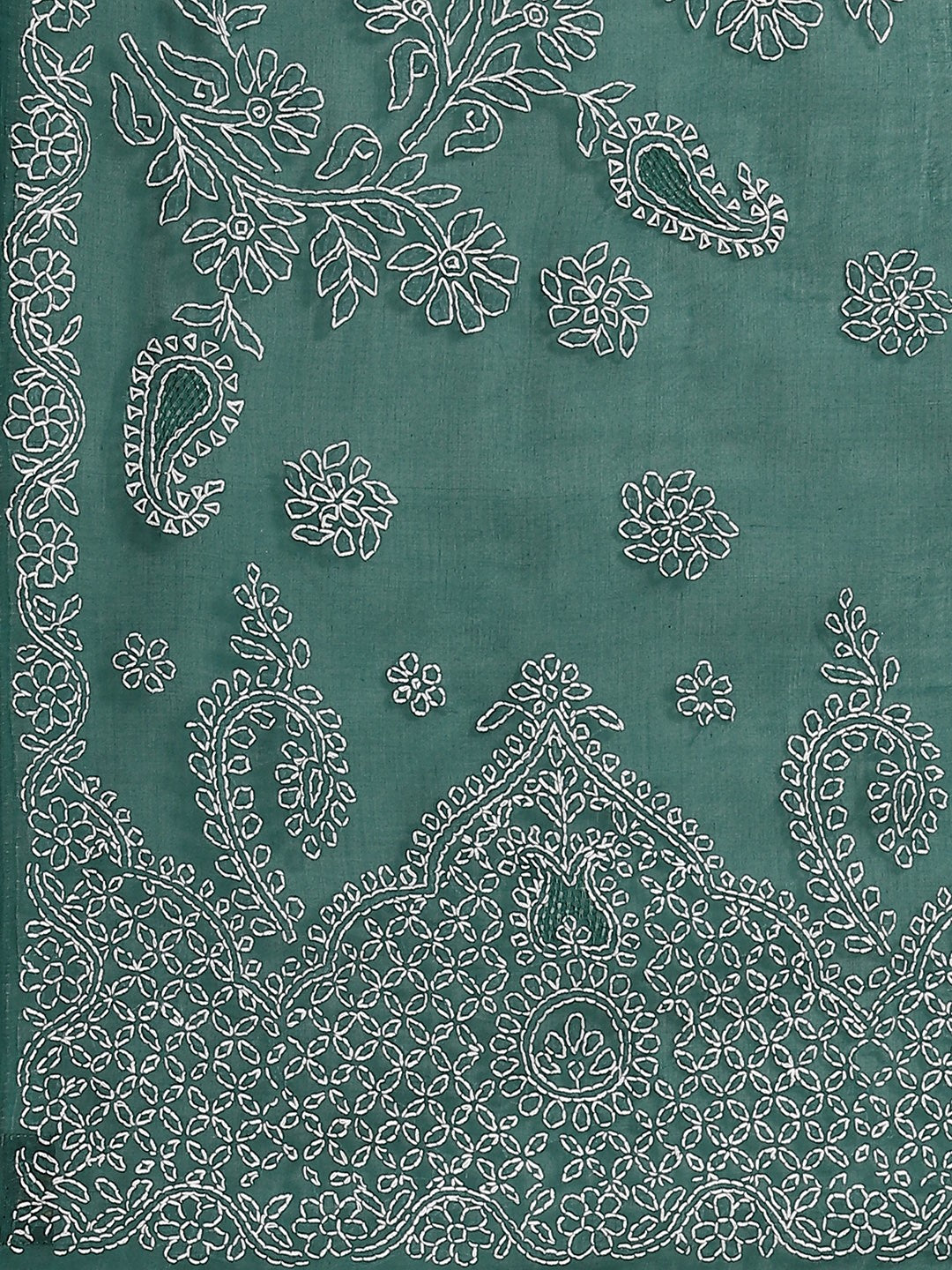 Ada Hand Embroidered Dark Green Cotton Lucknow Chikan Saree With Blouse A311148