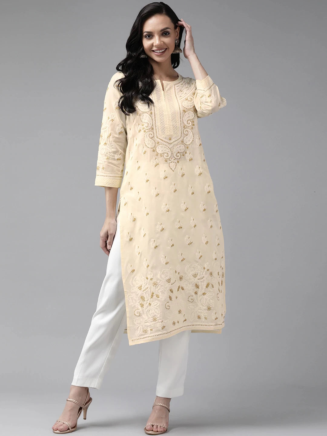Ada Hand Embroidered Cream Cotton Lucknow Chikan Straight Kurta A411182