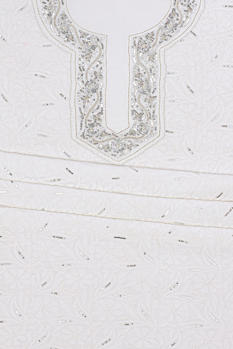 Ada Hand Embroidered White Georgette Chikan Unstitched Kurta Piece with Sequinned Work A536673
