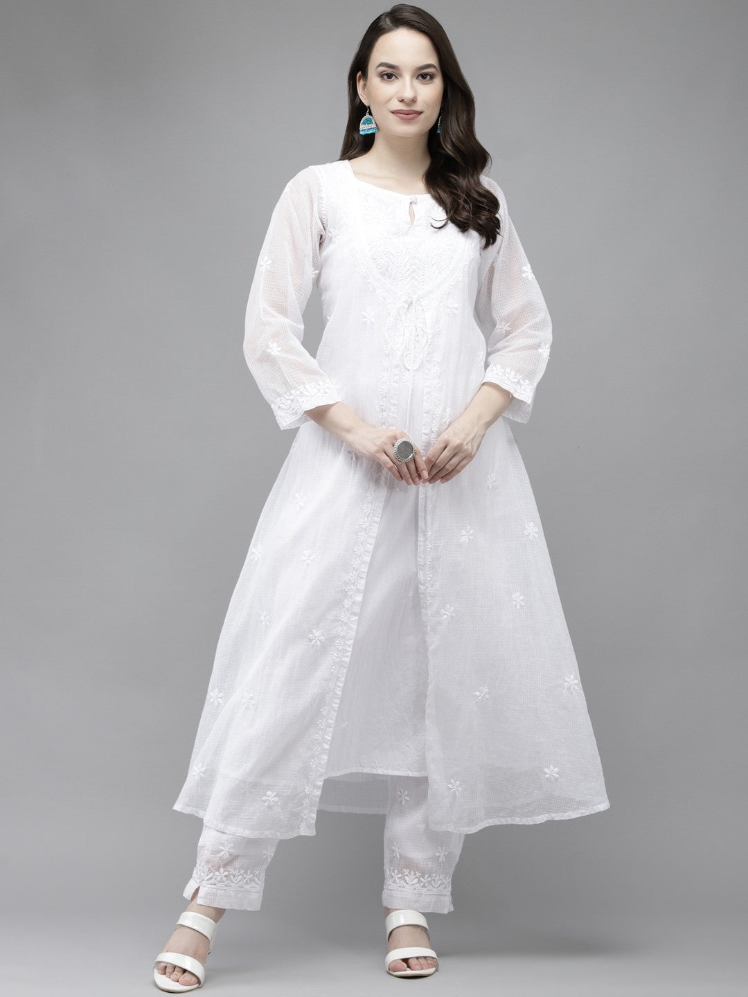 Ada Hand Embroidered White Kota Lucknowi Chikankari Kurta Set A811207