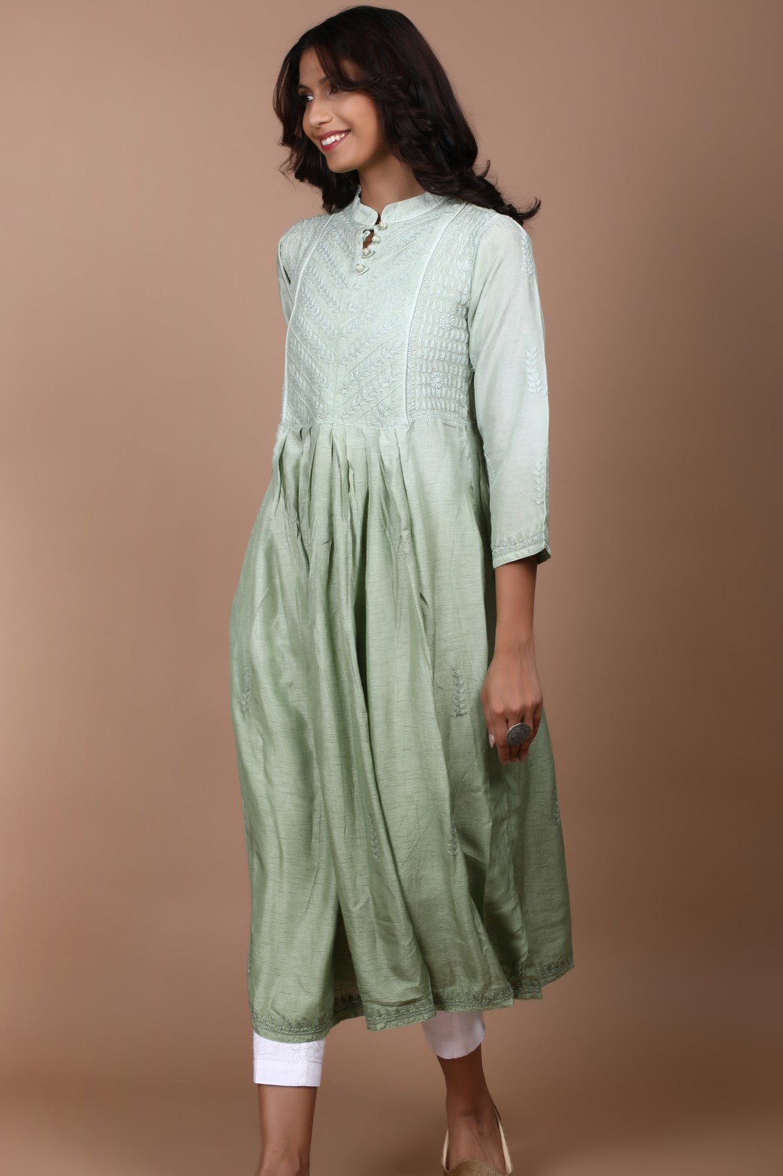 Ada Hand Embroidered Pista Green Chanderi Lucknowi Chikankari A-Line Kurta 01A278811