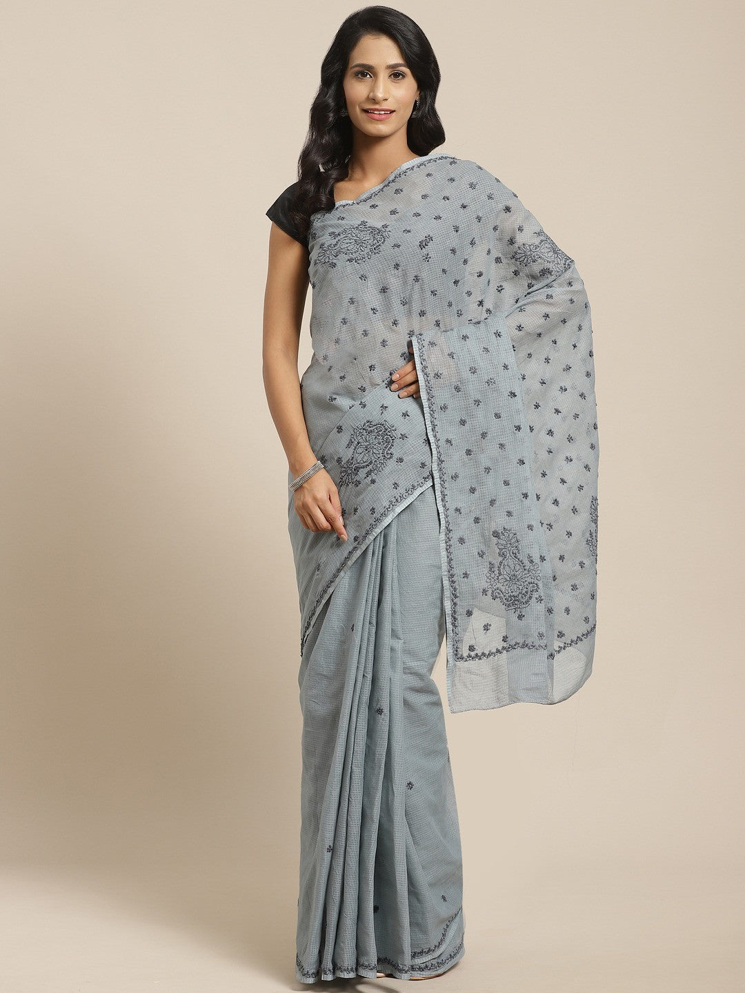 Ada Hand Embroidered Grey Kota Lucknow Chikan Saree With Blouse- A311123